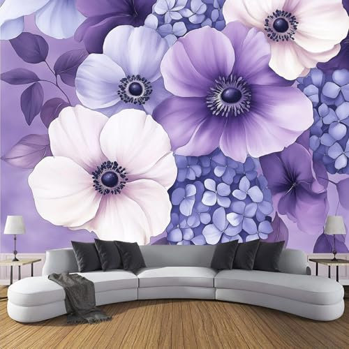 Fototapeten Lila Und Weiß Blumen 3D Design Tapete, Aquarell Fototapeten Seidenstoff Tapeten Moderne Wandtapete, Tv Tapeten Wohnzimmer Wandtapete Poster Bilder, 352X250Cm (B×H)