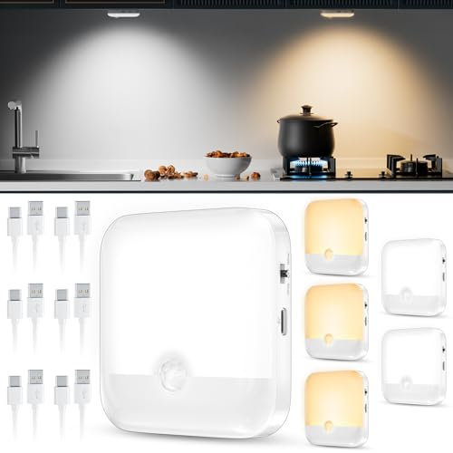 daphomeu Nachtlicht mit Bewegungsmelder, 6 Stück LED Treppenbeleuchtung, Aufladbar und Kabellos, Innen Auto EIN/AUS Sensor Licht für Treppen, Schlafzimmer, Flur, Kinderzimmer, Küche