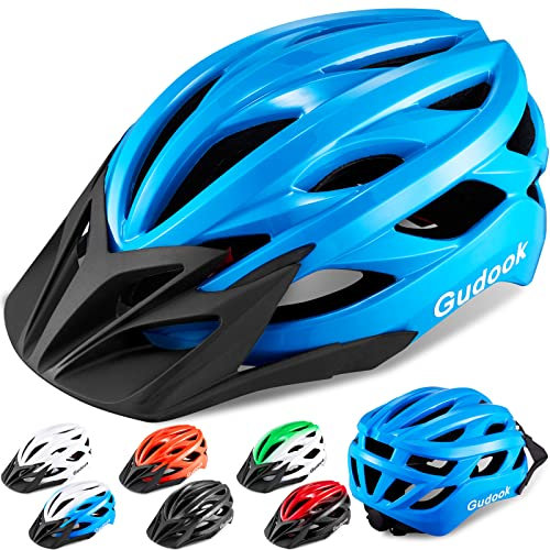 Gudook Casco de bicicleta para hombre para adultos, casco de bicicleta para mujer, certificado ligero, ajustable, con visera desmontable para bicicleta de montaña y carretera (azul, L)