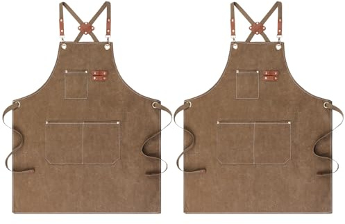 ViEinkaufen 2 Pack Canvas Aprons for Women Men,Chef Aprons with Adjustable Strap and 3 Pockets,Cross Back Work Apron,Cross Back,Apron for Baking Cleaning Gardening Tailoring (Brown)
