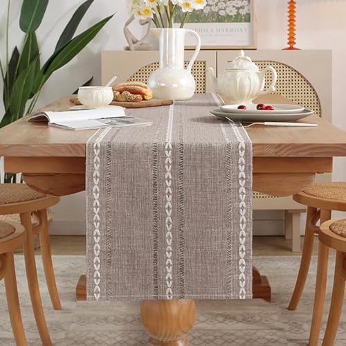 Boho Mandelgelb Landhausstil Tischläufer 33x160 cm Latte Beige Makramee Häkelspitze Mesh Baumwolle Leinen Modern Outdoor Klein Tischdecke Dekoration für Küche Bauernhaus Hochzeit Dekor
