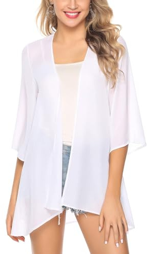 Irevial Cardigan Donna Chiffon Copricostume Mare Estiva Blusa a Maniche 3/4 Cover Up Casual da Spiaggia Traspirante Bianco 3XL