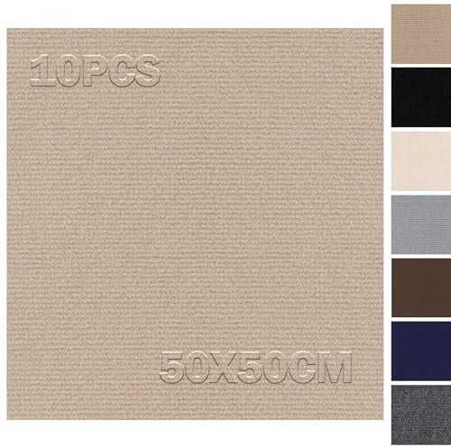 Teppichfliesen Selbstklebend 50x50cm - 10 Stück Set - 2.5m² - Teppichboden, Teppichfliesen Selbstliegend, Teppich Fliesen mit Rückendeckung, Teppich Bodenbelag für Gewerbe, Wohnung, Büro, Hellbraun