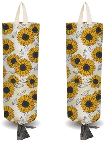 CRASPIRE 2Pcs Sunflower Plant Cloth Plastic Bag Holder with 4 Adhesive Hook Reusable Grocery Organizer Washable Wall Mount Hanging Trash Shopping Bag Storage Dispenser for Cabinet Home Kitchen Pantry