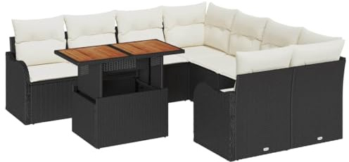 vidaXL 9-teiliges Garten-Sofa-Set mit Kissen in Schwarz und Creme aus Poly Rattan – Gartenmöbel für die Terrasse, Lounge-Suite für Dein Outdoor-Essen.