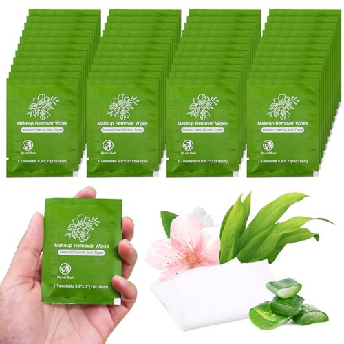 Makeup Remover Wipes Bulk Individually Wrapped,Travel Makeup Wipes Bulk Gentle for Face Cleansing Mascara Lipstick Travel (pack of 50, Aloe Vera)