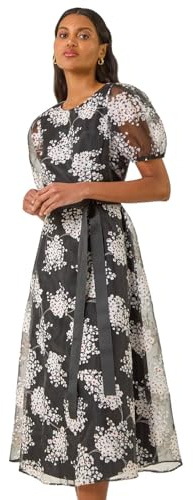 Roman Originals Floral Organza Belted Dress for Women UK - Ladies Everyday Holiday Spring Summer Round Neckline Comfy Soft Evening Vacation Work Party - Black - Size 18