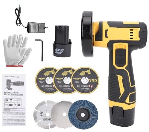 Weytoll Mini Angle Grinder, Weytoll 21V Cutting Polishing Machine with 2pcs Rechargeable Battery Multifunctional MINI Tile Cutter with 6PCS Discs for Brick Wood Steel Stone (Yellow)