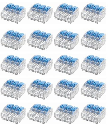 LumenEco 3 Port Reusable Electrical Wire Lever Cable Connectors, 4mm Compact Push-In Splicing Terminal Blocks for Solid and Stranded Wires, Easy Lock, Safe, UK Standard – Blue & Clear (20)