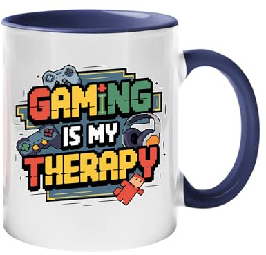 Excudo Trade LTD Gaming is My Therapy Color Mug Gamer Coffee Cup with Colored Handle Funny Style Gaming Gift with Headphones & Controllers Retro Video Game Quote for Work or Home - Dark Blue