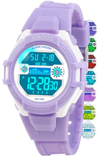 Juboos Montre Enfant avec Bracelet Imprimé et 7 Lumières Colorées,Montre Digitale Étanche pour Enfants avec Oreilles de Chat pour Garçons et Filles de 5 à 15 Ans (Violet pâle)