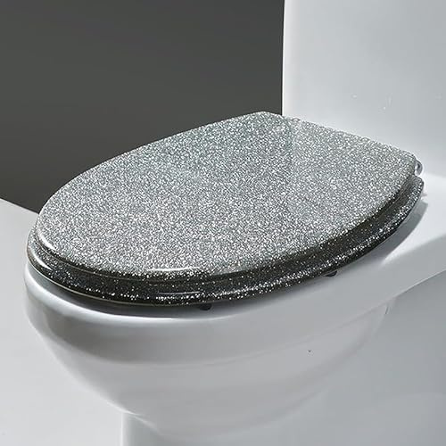 Silver Glitter Toilet Seats Round, 16.5 x 14.2 Slow Close Loo Seats with Adjustable Hinge and Non-Slip Bumpers, Quick Release for Easy Assembly and Clean, Safe Resin Bathroom Toilet Lid