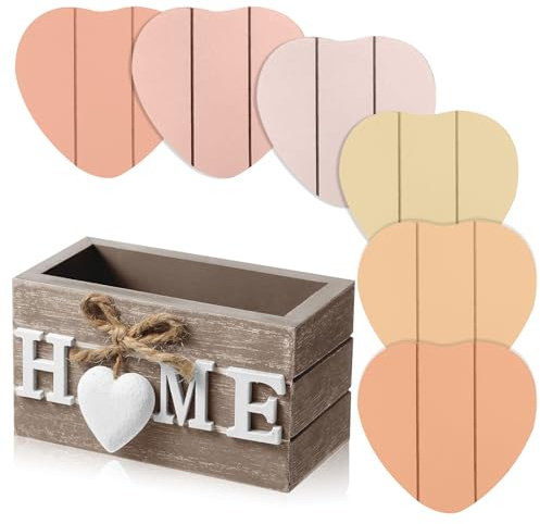 Patelai Wooden Heart Coasters for Drinks Set of 6 Funny Farmhouse Coasters with Holder for Coffee Table Protection Housewarming Gifts for New Home Decoration, 4 Inch(Home,Warm Pink)