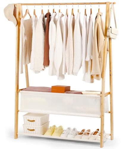 Relquorax Kleiderständer Bambus, Garderobenständer offener Kleiderschrank mit Aufbewahrungstasche und Ablage Kleiderstange Haken, stabil für Schlafzimmer Flur (L - 120cm)