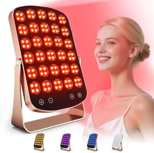 Morfone Rotlichtlampe mit 4 Wellenlänge 460/590/660/850nm | Infrarotlampe mit 120 LED & 4 Modi & 3 Helligkeitsstufen, Tragbare Rotlicht Panel mit Schutzbrille (Golden)