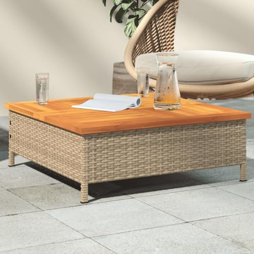 Mandloder Gartentisch Beige 70x70x25 cm, Rattan und Akazienholz, quadratischer Kaffeetisch für Garten, Terrasse, Balkon, langlebige Outdoor-Möbel