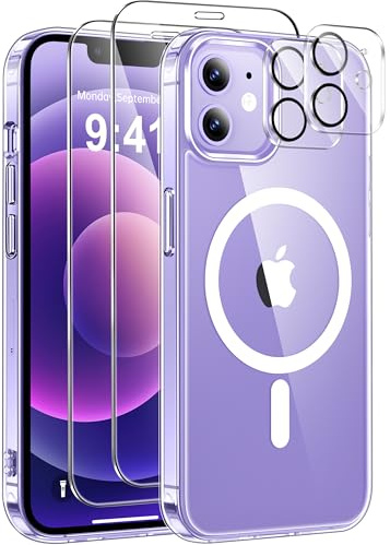 ivencase Magnetic for iPhone 12 Case with 2 Pack Screen Protector and 2 Pack Camera Lens Protector, Compatible with MagSafe, Shockproof Protective Clear Back Phone Case for iPhone 12 6.1 Inch -Clear