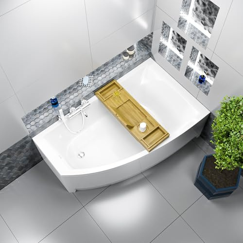 ECOLAM Eckbadewanne HELA 150x90 cm RECHTS Acrylschürze Bambusablage Ablauf | Badewanne Acrylwanne direkt vom Hersteller Acrylschürze keine Fliesen nötig Badewannenbrett Ablauf Füße Silikon SET
