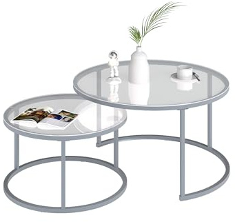 Soayone Couchtisch Rund Couch Tisch Wohnzimmer Glastische mit Metallgestell Silber, Couchtisch 2er Set Nesting Wohnzimmertisch Rund, Transparente Glasplatte, Coffee Table 80cm & 60cm