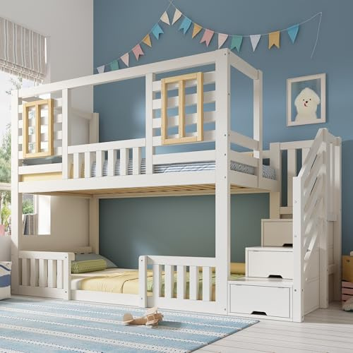 ModernLuxe Twin Bunk Bed with Storage Stairs 90x190cm, Solid Wood Frame, Children’s House Bed Frame with Guard Rail, Treehouse Bed for Twin Sleeper Kids Bedroom,White-No Mattress