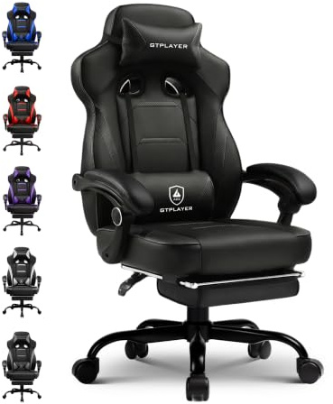 GTPLAYER Gaming Stuhl mit Fußstütze, Ergonomischer Bürostuhl 180kg, Schwerlast Gaming Sessel mit Lendenwirbelstütze und Kopfstütze, Höhenverstellbarer Computerstuhl, Gepolstert, neigbare 155°, Schwarz