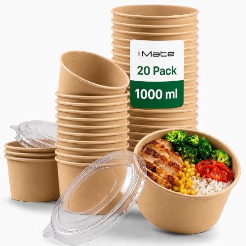iMate 1000ml Kraft Paper Bowls with Lids, Leak Resistant Takeaway, 20 Pack