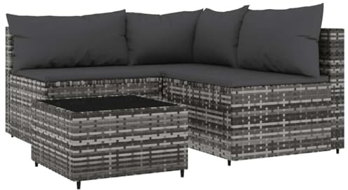 Generico Ensemble de meubles de jardin 4 pièces avec coussins en polyrotin gris, console d'angle et centrale avec table en verre, structure en acier, coussins anthracite pour extérieur