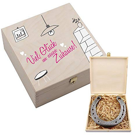4you DESIGN Echtes Hufeisen in Holz-Geschenkschachtel Viel Glück im neuen zu Hause – 2 Hufeisennägel zum befestigen – Geschenk Richtfest, Umzug, Einzug – Glücksbringer Neuanfang- 17x17x3,5cm