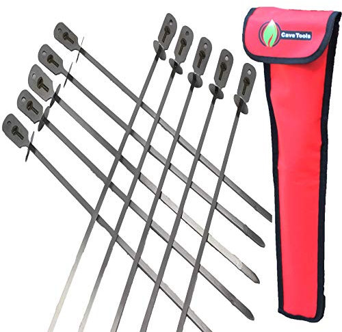 Cave Tools Skewers Set - Stainless Steel, Includes 10 Flat Skewers with Food Remover Disc - Compatible with All Types - 17.3 Inch BBQ Grilling Accessories