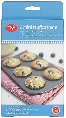 Tala 2 Mini Muffin Tin Non-Stick Baking Tray - Even Heat Muffin Trays for Mini Cupcakes, Snacks & Appetisers - Carbon Steel, Wide Flat Handles, Dishwasher & Freezer Safe, Grey, 20cm x 14cm