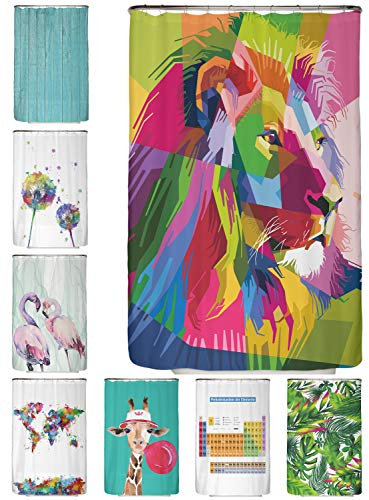 arteneur® Rideau de douche, anti-moisissure, motif lion, 120 x 200 cm, recyclé, Öko-Tex Standard 100, ourlet lesté, opaque, étanche, lavable, 8 anneaux et e-book (français non garanti)