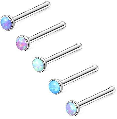 ZS 5-9 Stück Blue Opal Nasenstecker 20 Gauge Nase Pin L-Form Nasenpiercing Nasenring Edelstahl Nasenpiercing Spirale (5PCS Nasenstecker)