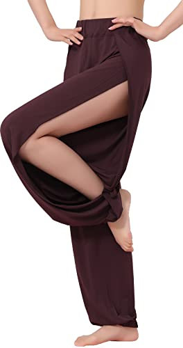 Hoerev Damen weichen Schlitz Bein Hose Harem Dance Yoga Pilates Hose,Braun,L