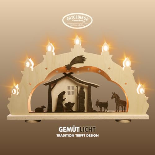 weigla - Schwibbogen original Erzgebirge I Lichterbogen Weihnachten I Motiv Christi Geburt Rustikal I 7 Lampenkerzen + 1 Ersatzlampe I 7 x 34 V, 3 W, E10 I beleuchtete Weihnachtsdeko innen