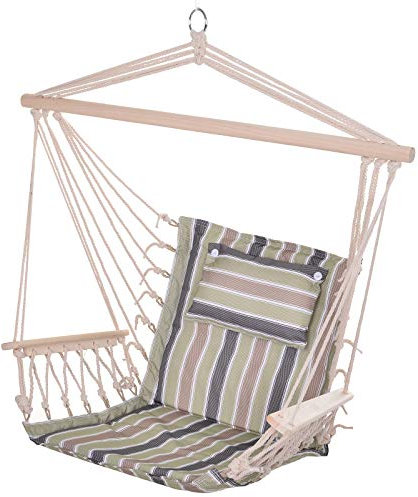 Outsunny Silla Colgante Estampado Rayas Hamaca con Cojín Reposacabezas para Interior Exterior 100x106 cm Carga Máx. 100 kg