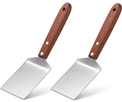 2 Pieces Small Brownie Cookie Spatula Metal Stainless Steel Spatula with Wooden Handle Heavy Duty Spatula for Kitchen Cooking Chef Baking Scraper Turner (2 Pieces Brown＆Silver)