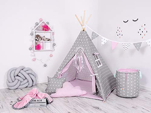 Rainbow Kids Tipi Zelt für Kinder | Baumwollsegeltuch Tippi Kinderzelt, Mehrere Muster und Farben mit und ohne Spielzubehör für Outdoor- und Indoor-Kinderspaß (Grauer Stern, mit Zubehör)