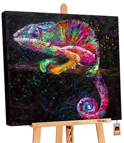 YS-Art XXL Abstrakt Acryl Gemälde auf Leinwand Chamäleon handgemalt Wandbilder bunt Pop Art Farbenfroh Wohnzimmer modern Wohndekor Bilder echte Kunst 100x100 cm