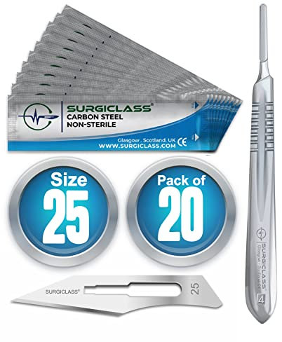 Surgical Scalpel Surgical Blades # 25 Carbon Steel Non Sterile Pack of 20 and Handle No 4 Perfect for Wood Art, Surgical, Sculpting, Repairs, Lab Anatomy, Sign, Card Making Lab Training SURGIBL25-20