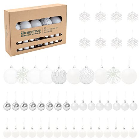 The Christmas Workshop Set of 50 Shatterproof Textured Baubles/Elegant Festive Designs/Christmas Tree Decorations with Hanging String/Various Sizes and Styles (White)