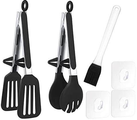 Lanjue 2 Pcs Silicone Tongs & Brush - 10 Inch Kitchen Tongs with Stainless Steel Handle for Toaster, BBQ, Pasta, Pizza, Steak, Salad, Fruit, Vegetable, Buffet
