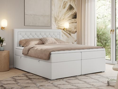 MKS MEBLE Boxspringbett 200x200 mit Bettkasten, Polsterbett mit Matratze H4 Topper, Bett mit Kopfteil - Weiß Kunstleder - H4 - Jasir