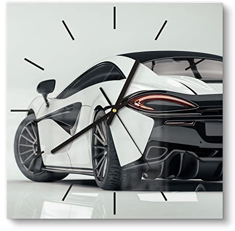 DEQORI Glasuhr | 30x30 cm | Motiv Sportliches Auto | ausgefallene leise Design Uhr aus Glas | Wanduhr für Wohnzimmer & Küche | Moderne Hingucker Uhr für die Wand