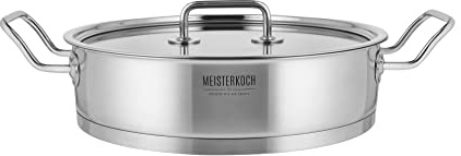 Meisterkoch Servierpfanne Bratpfanne 28 cm Induktion, Innenskala | Pfanne aus Edelstahl mit Glasdeckel und Innenskala | Induktionsfähig