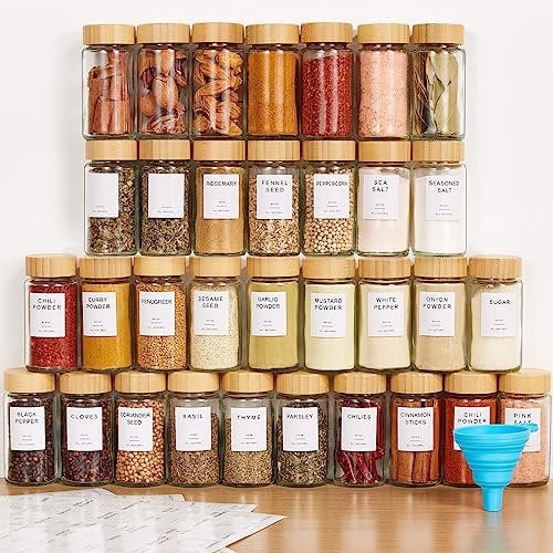 Yangbaga 34PCS Glass Spice Jars Set With Bamboo Lids and Shaker Lids - Kitchen Storage & Organization for Spices & Seasoning - Labels Included