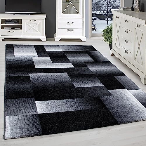 SIMPEX Kurzflor Teppich 120x170 cm, Modern Abstrakt Kariert in Schwarz Grau Weiß, Pflegeleicht, ideal für Wohnbereich, Jugendzimmer oder Essplatz