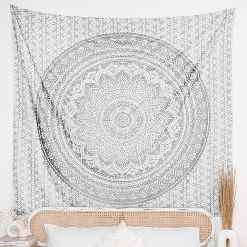 Silberner Mandala-Wandbehang, Wandteppich, Boho-Dekor, Hippie-Elefant-Wandteppiche, psychedelische Baumwolle, Medaillon-Kunst, böhmische Wohnheim-Dekoration, Tagesdecke – 213 x 137 cm