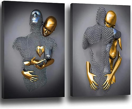 3D Liebhaber Skulptur Poster Metall Figur Statue Kunst Leinwand Gemälde Romantisch Abstrakt Poster und Drucke Modernes Wohnzimmer Heimdekoration - Ohne Rahmen (2pcs-40x60cm,Figur-1)