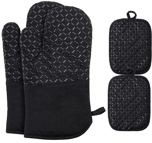 Ankway Ofenhandschuhe Topflappen Topfhandschuhe 4er Set – Hitzebeständige und rutschfeste Backhandschuhe, weiche Baumwolle, Lange Flexible Dicke silikon Kochhandschuhe zum Kochen (30CM Topflappen)