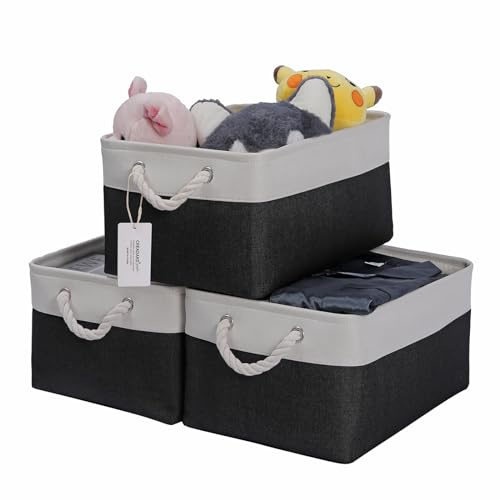 CREADARD Small Storage Box with Cotton Handles, Fabric Foldable Linen Canvas Wardrobe Storage Baskets for Living Room, Laundry Room, Kids Room and Bedroom (BlackWhite 3pcs)